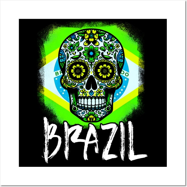 Brazil Sugar Skull Dia de los Muertos with Brazilian Flag Wall Art by Sambastyles